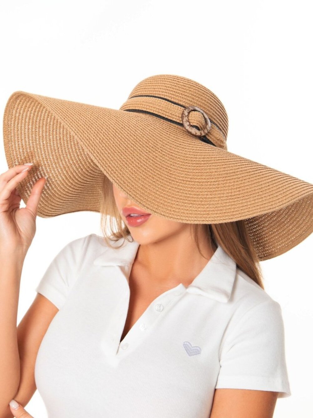 Brown Khaki Wide Brim Straw Hat with Belt Band